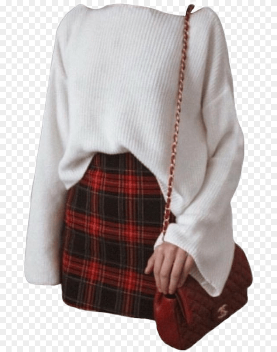 Outfit White Sweater Skirt Bag Filler Skirt Thinspo Outfits, Clothing, Accessories, Handbag, Tartan Png