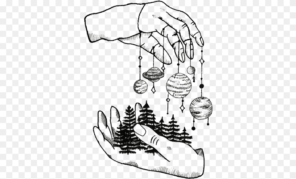 Outline Hands Tree Space Planets Art Freetoedit Planet Temporary Tattoos, Chandelier, Lamp Free Png Download