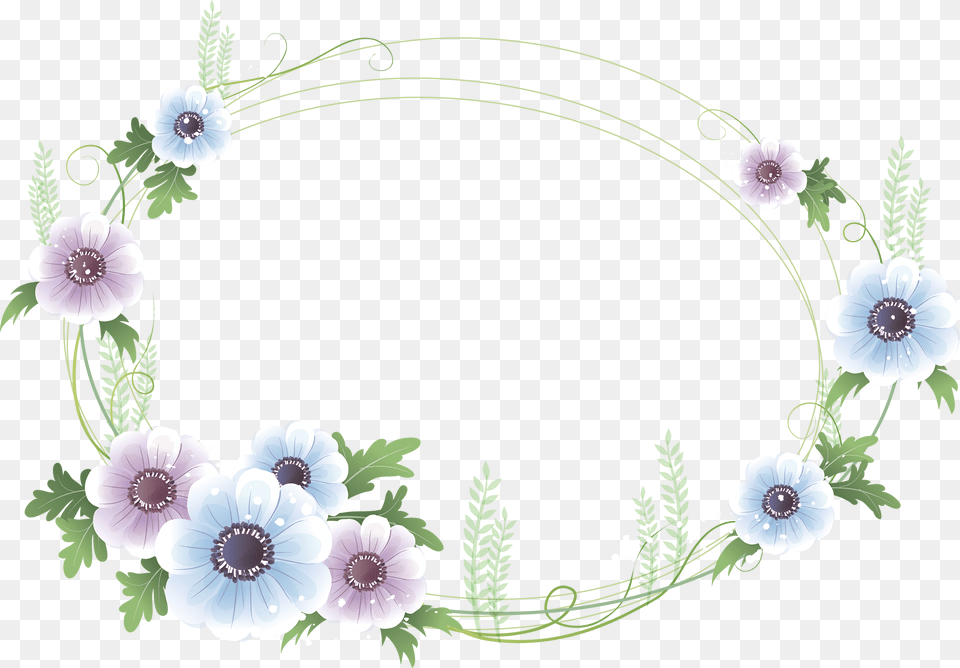 Oval Floral Frame Flower Frame Blue, Anemone, Pattern, Graphics, Floral Design Png
