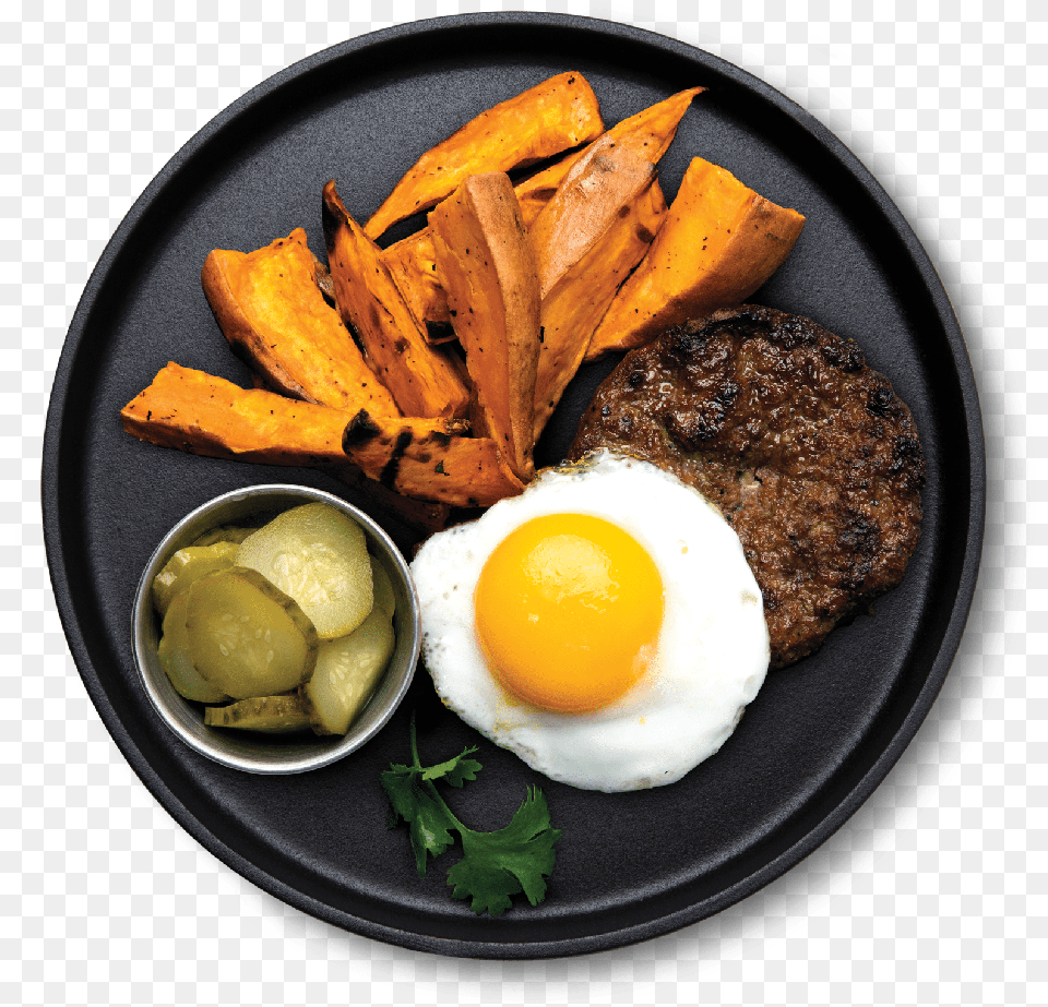 Over Easy Burger With Sweet Potato Egg And Chips, Food, Food Presentation, Fried Egg Png Image