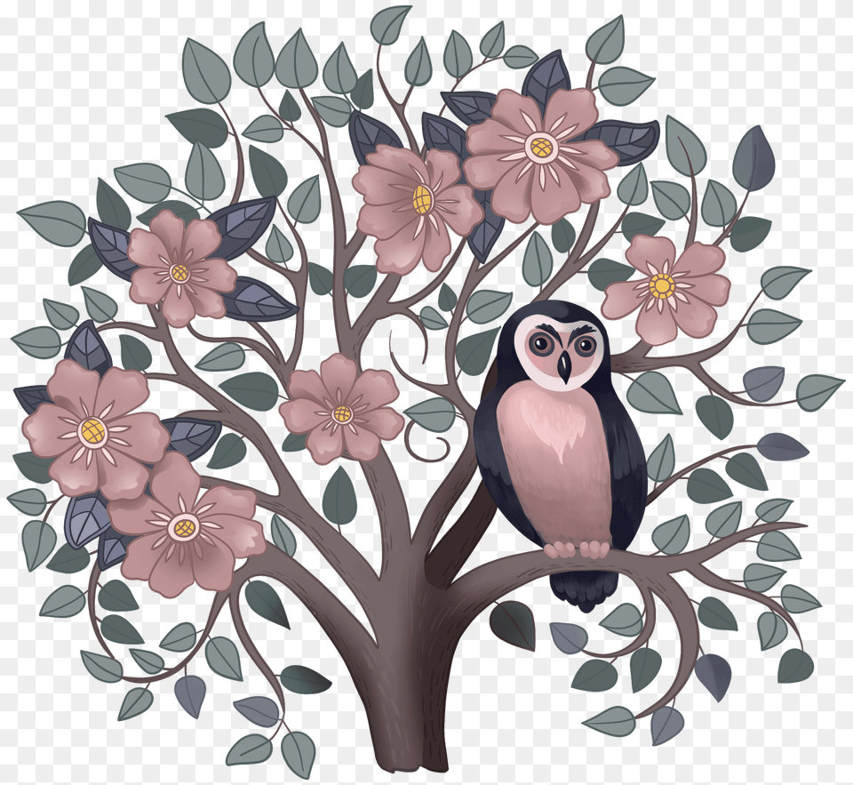 Owl On A Flowering Tree Clipart, Art, Pattern, Floral Design, Graphics Free Png