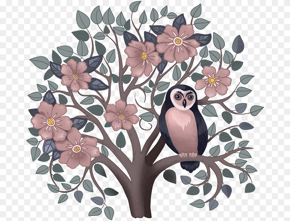 Owl On A Flowering Tree Clipart Illustration, Pattern, Art, Floral Design, Graphics Free Transparent Png