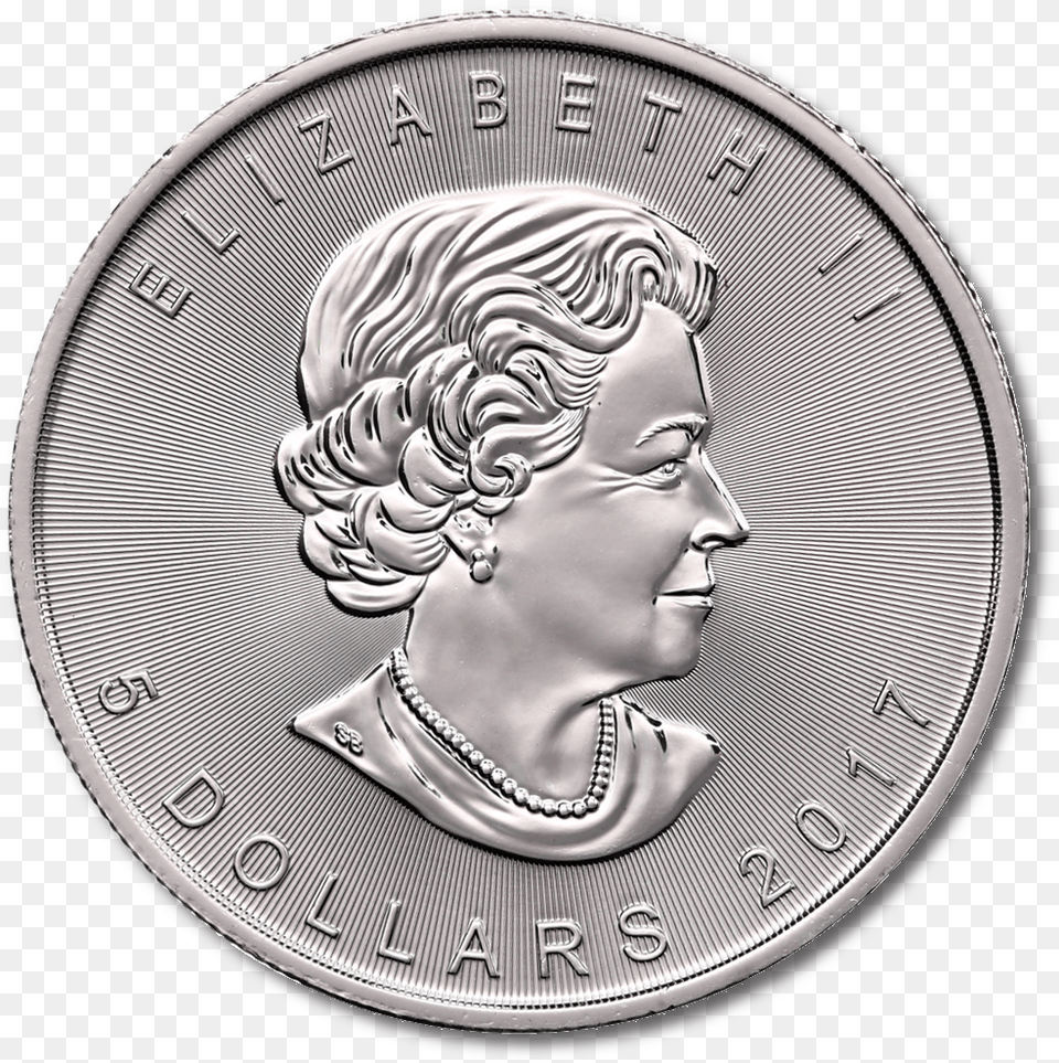 Oz Maple Leaf Silver 2017 Obverse Coin Black And White, Face, Head, Person, Money Png Image