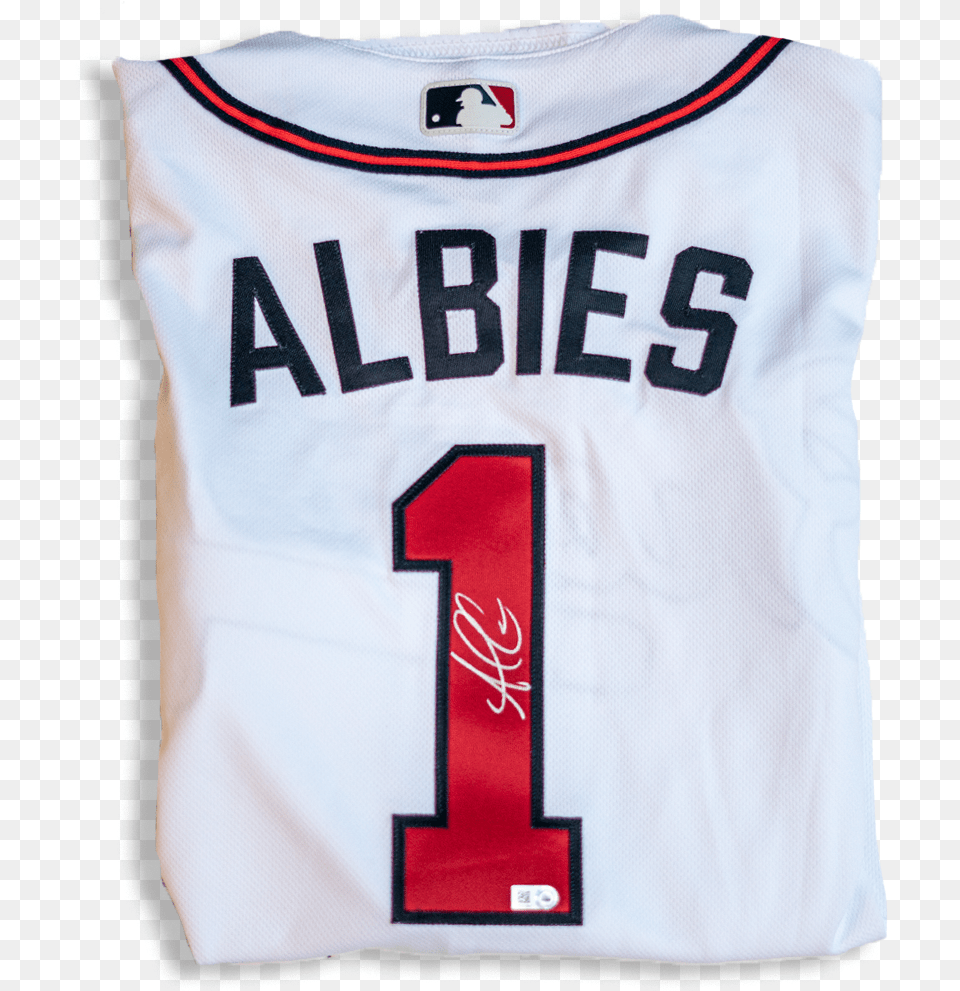 Ozzie Albies Autographed Atlanta Braves Authentic Home White Jersey Major League Baseball Logo, Clothing, Shirt Png