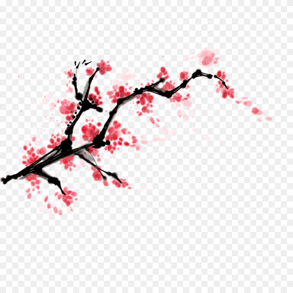 Painted Ink Peach Blossom Branch Element Design, Flower, Plant, Cherry Blossom, Food Free Png