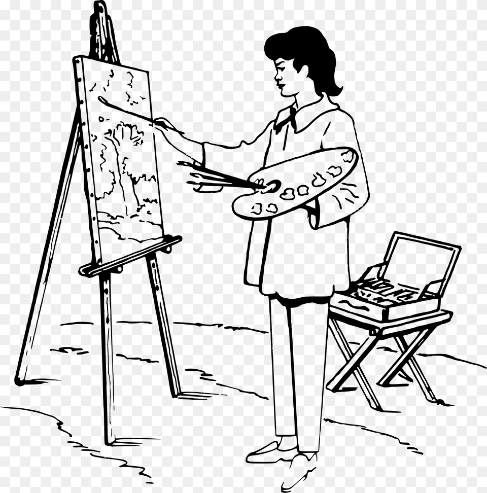 Painting Easel Artist Clip Art Watercolor Woman Artist And Easel Line Drawing, Gray Free Png