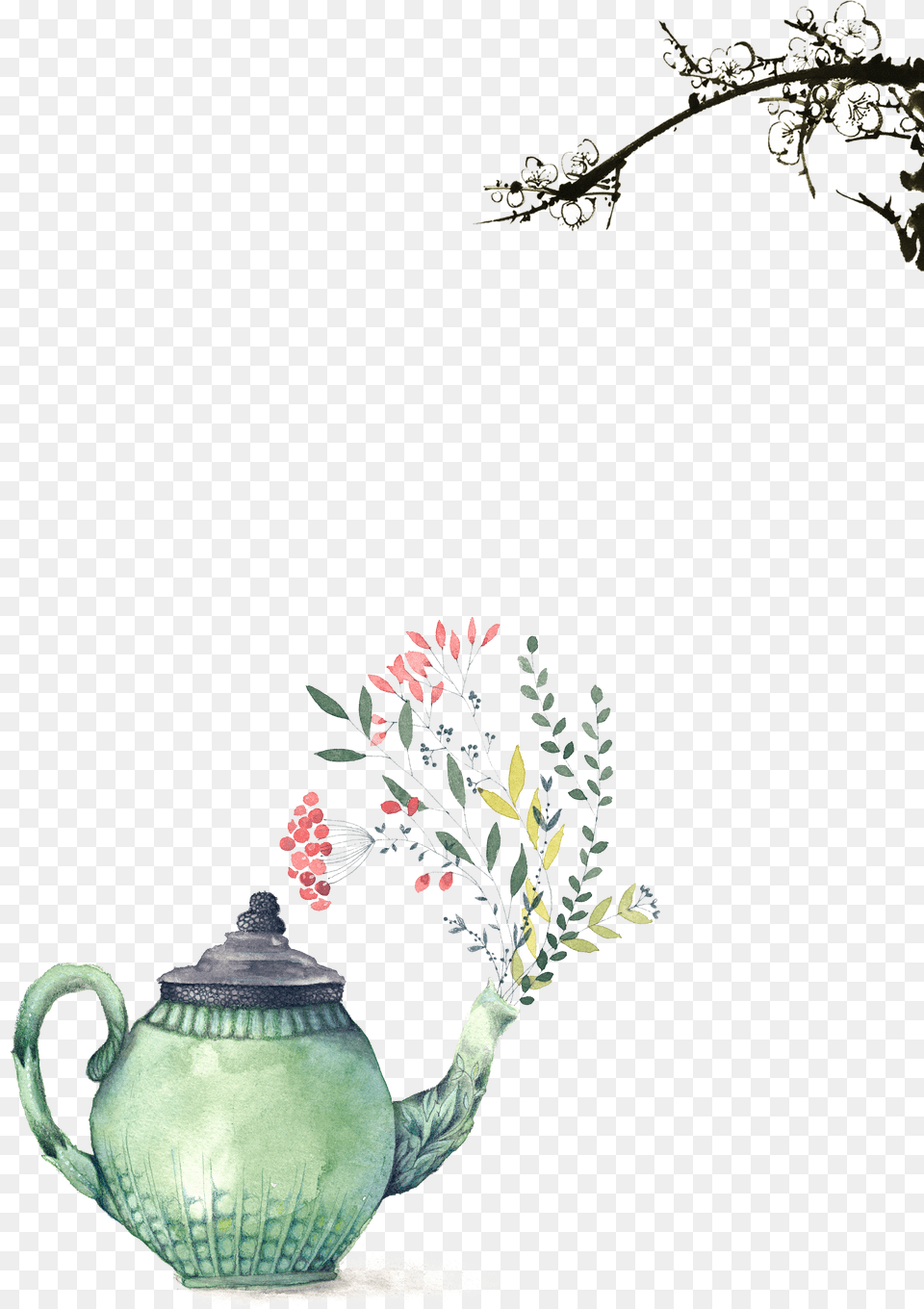 Painting Printmaking Illustration Floral Watercolor Teapot Teapot Illustration, Cookware, Pot, Pottery, Art Png Image