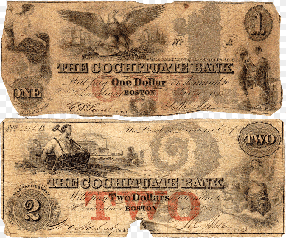 Pair Of 1850s 1 Amp 2 Cochituate Bank Of Boston Ma Banknote, Adult, Person, Male, Man Png