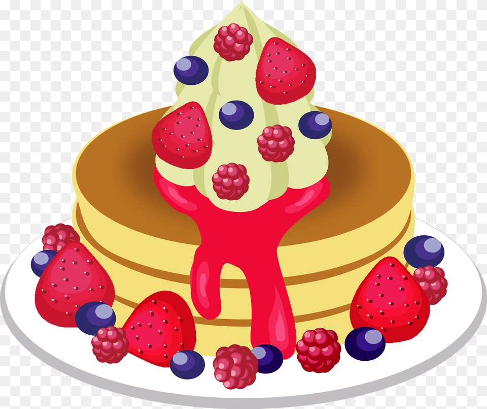 Pancakes On A Plate With Syrup Berries And Cream Clipart, Dessert, Birthday Cake, Cake, Food Png Image