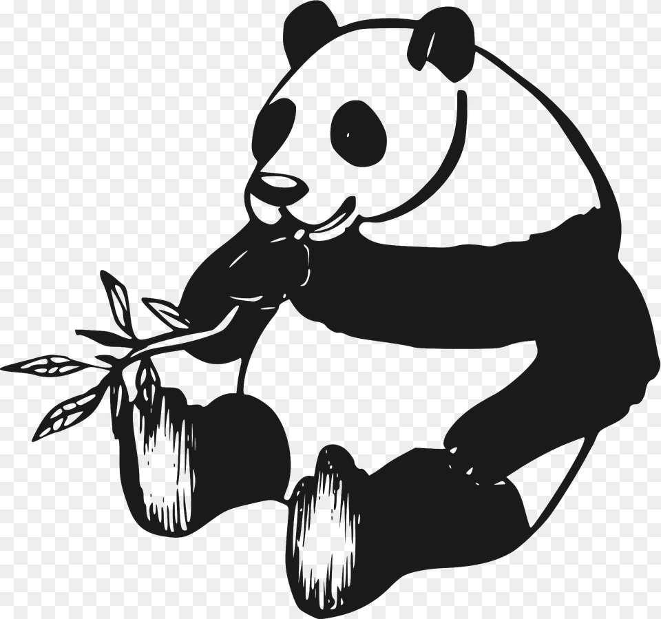 Panda With Bamboo Branch Black And White Clipart, Animal, Bear, Mammal, Wildlife Free Png
