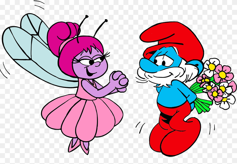 Papa Smurf And Flowerbell Papa Smurf With Flowers, Cartoon, Baby, Person, Face Png