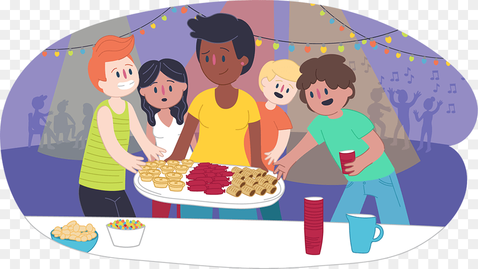 Parent Putting Food Down For Teens At A Party Hosting A Party Cartoon, Person, People, Meal, Lunch Png
