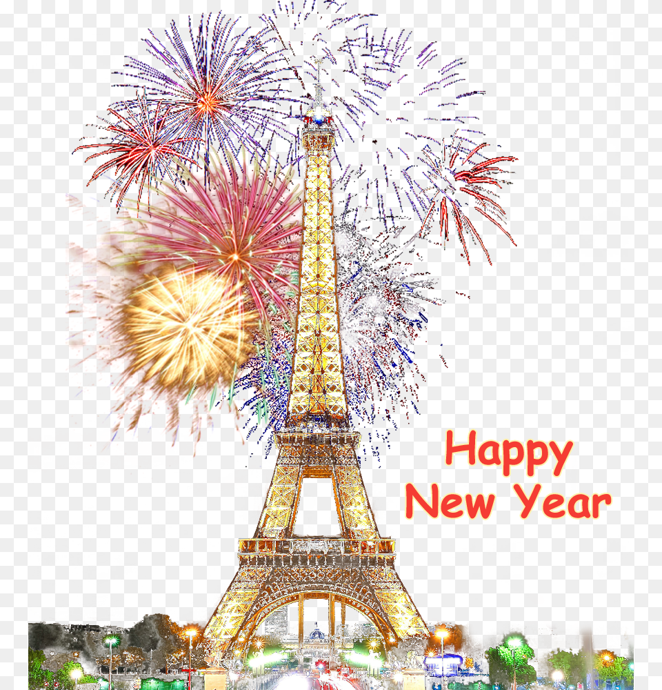 Paris Happy New Year Fireworks Transparent Background Happy New Year Background, Architecture, Building, Tower, Advertisement Free Png Download