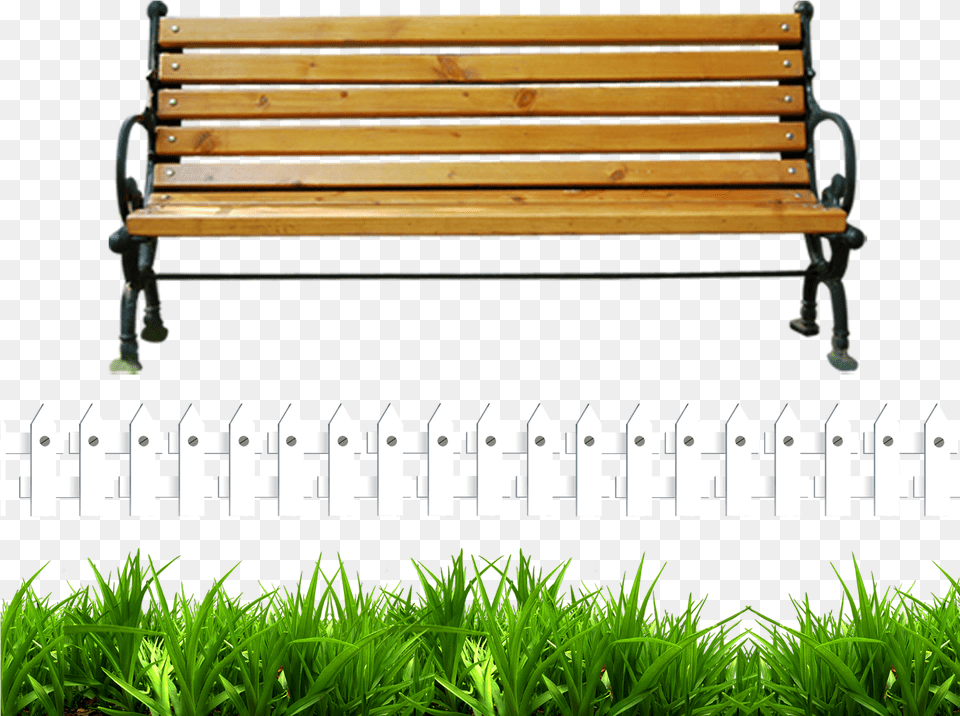 Park Background Clipart Beach Bench, Fence, Furniture, Grass, Plant Free Png