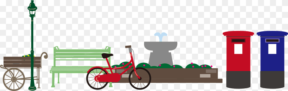 Park With Bicycle And Fountain Clipart, Bench, Furniture, Transportation, Vehicle Png Image