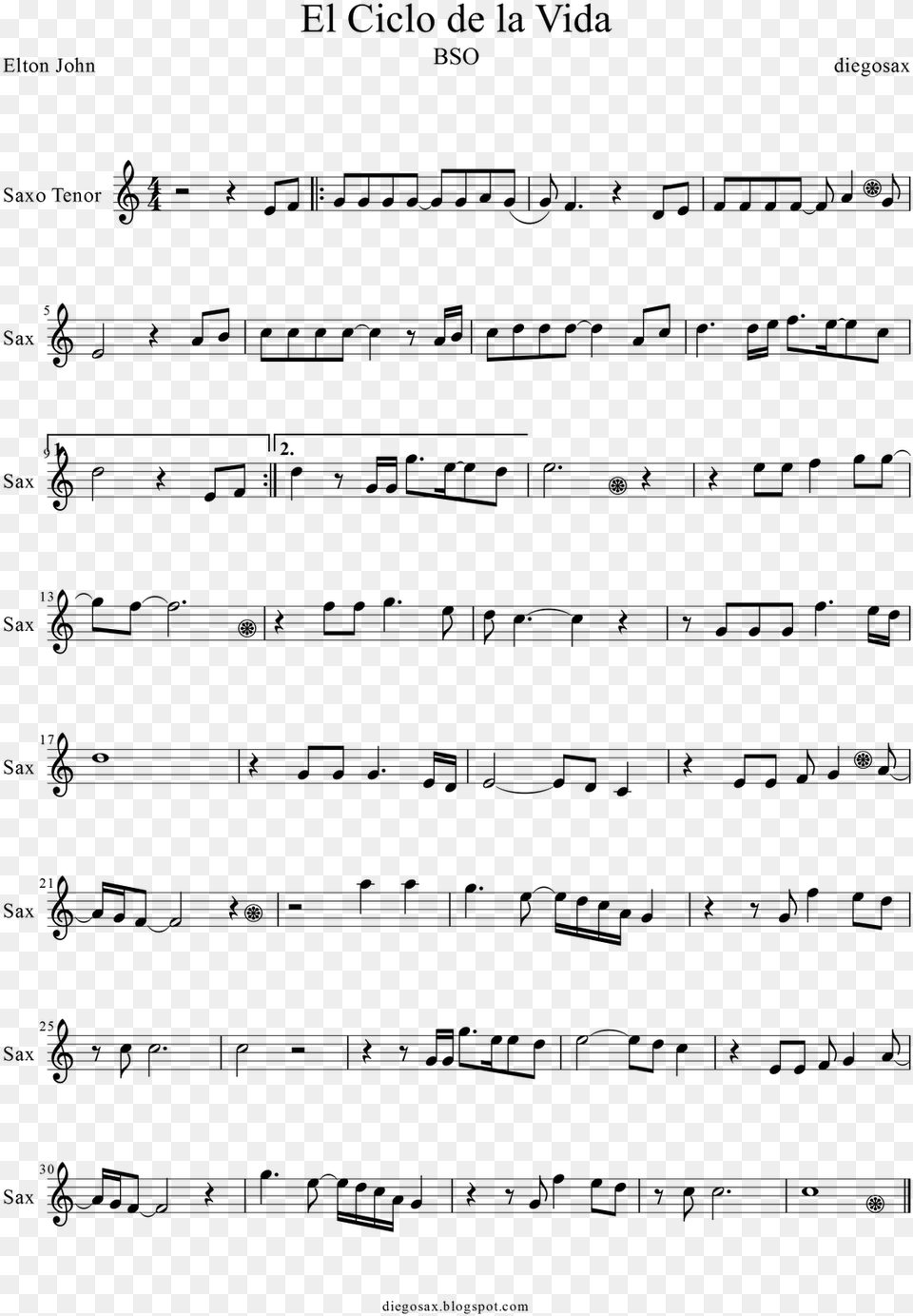 Partitura De El Ciclo De La Vida Para Saxofn Tenor Adagio De Albinoni Partitura, Gray Free Png