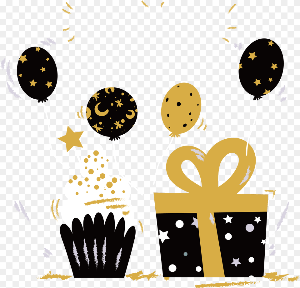 Party Cupcake Gift Balloons Sticker By Candace Kee Cupcake Clipart Gold And Black, Cream, Dessert, Food, Icing Free Transparent Png