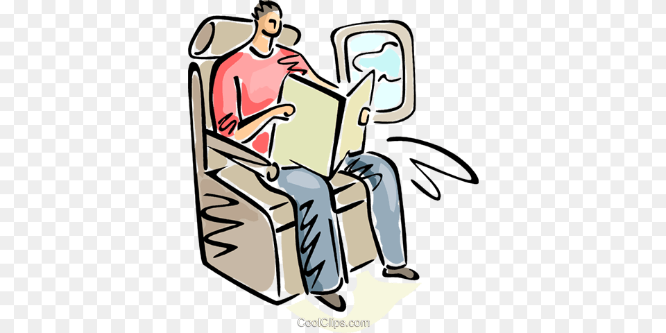 Passenger Reading A Magazine On A Flight Royalty Vector Clip, Person, Sitting, Chair, Furniture Png Image