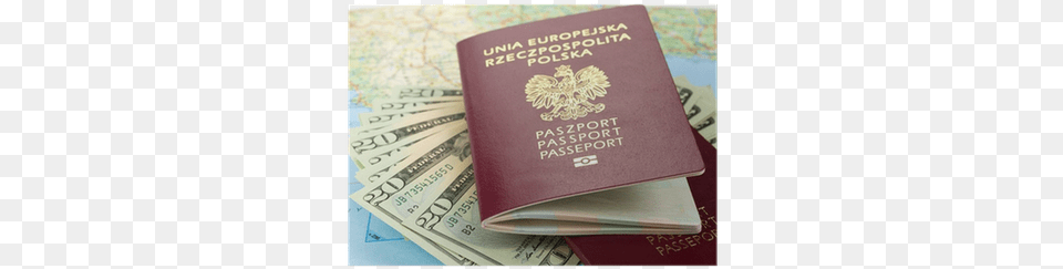 Passports And Money Over Map Background Poster Pixers Passport, Text, Document, Id Cards Free Transparent Png