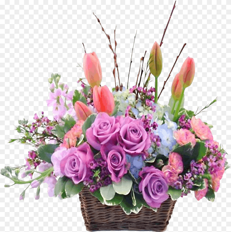 Pastel Flowers Arrangements In Easter Baskets Hd Easter Flower In A Basket, Flower Arrangement, Flower Bouquet, Plant, Rose Free Png Download