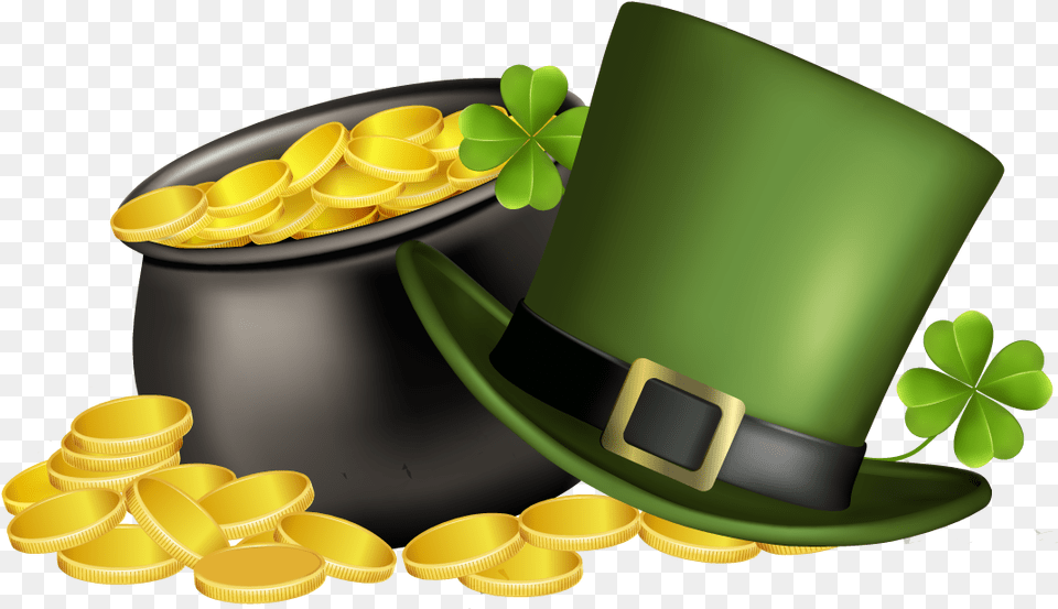 Patricks Day Pot Of Gold Four Leaf Four Leaf Clover And Pot Of Gold, Clothing, Hat, Treasure Free Transparent Png