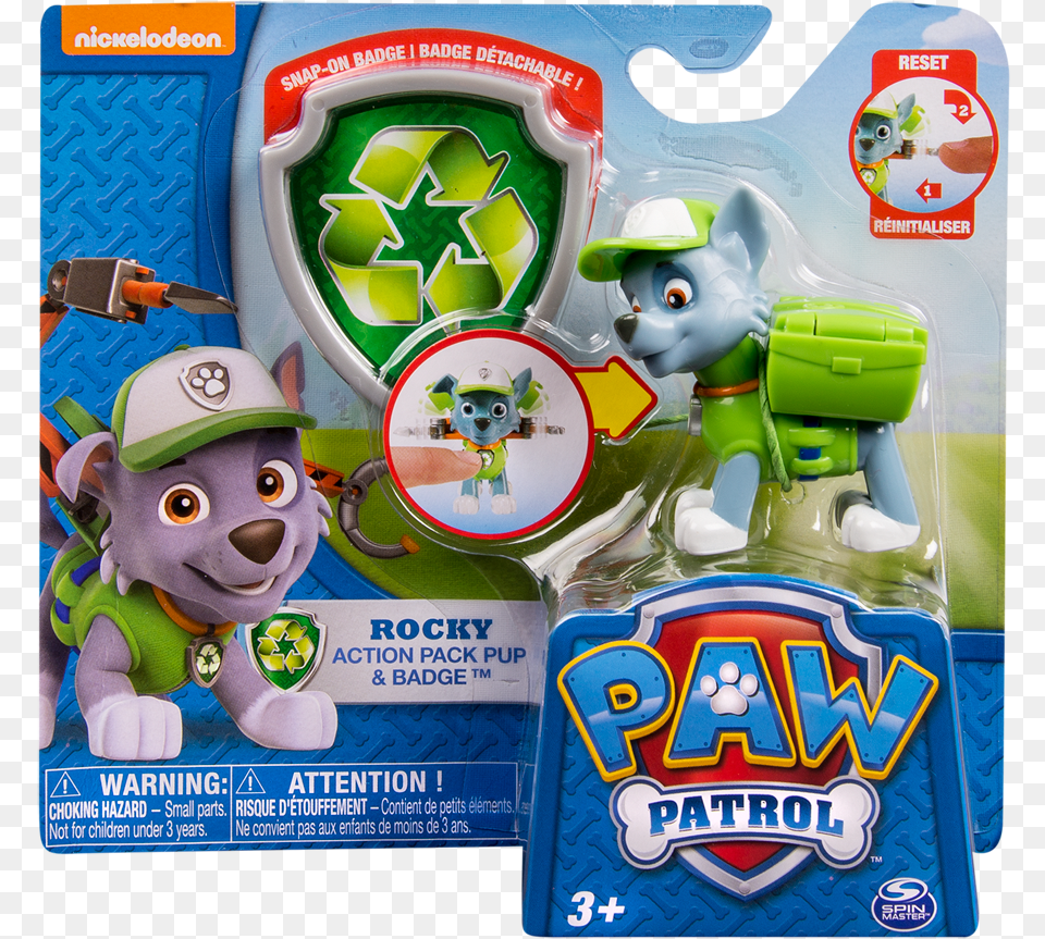 Paw Patrol Action Pupampamp Rocky Action Pack Pup And Badge, Toy, Face, Head, Person Png Image