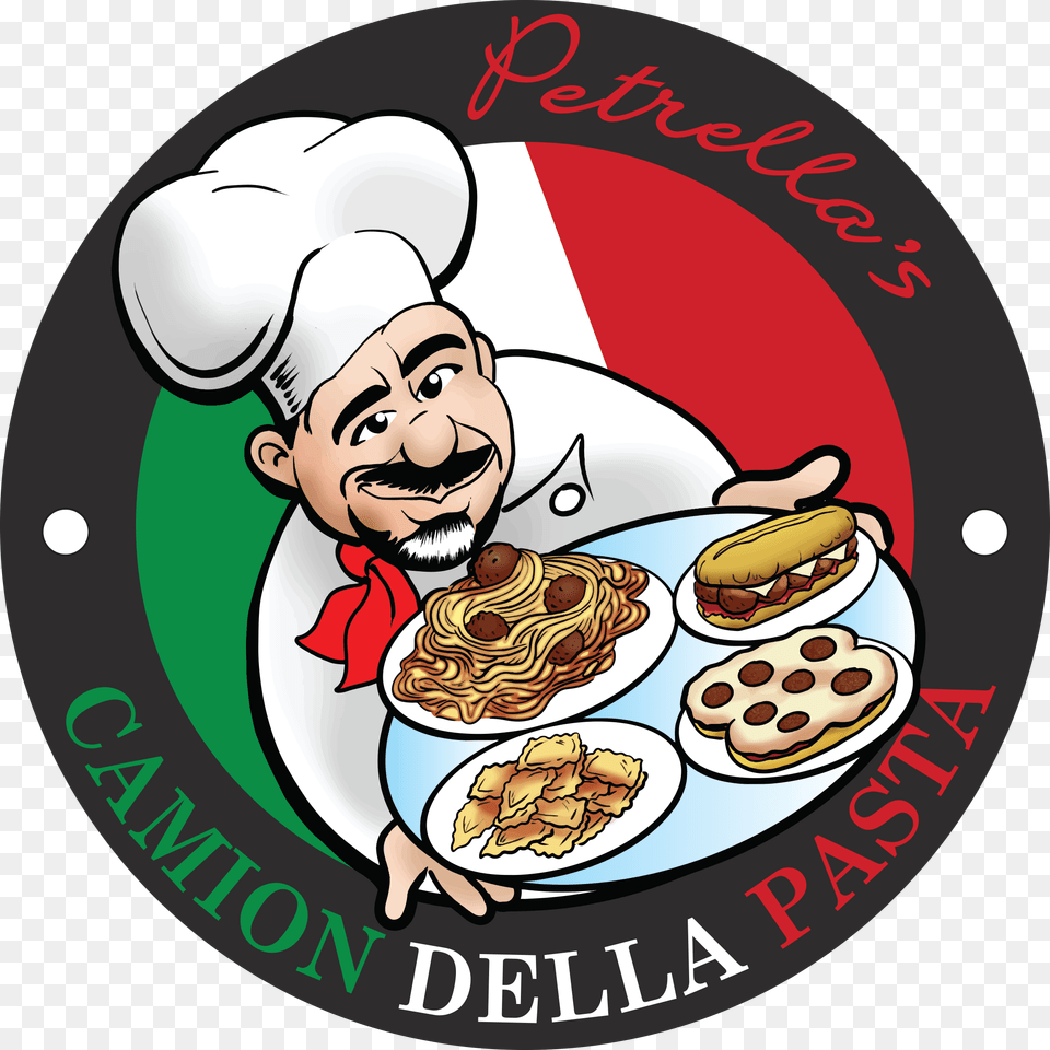 Pcdp Food Truck Logo With Chef Holding Italian Cuisine Cartoon, Face, Head, Person, Meal Free Png Download