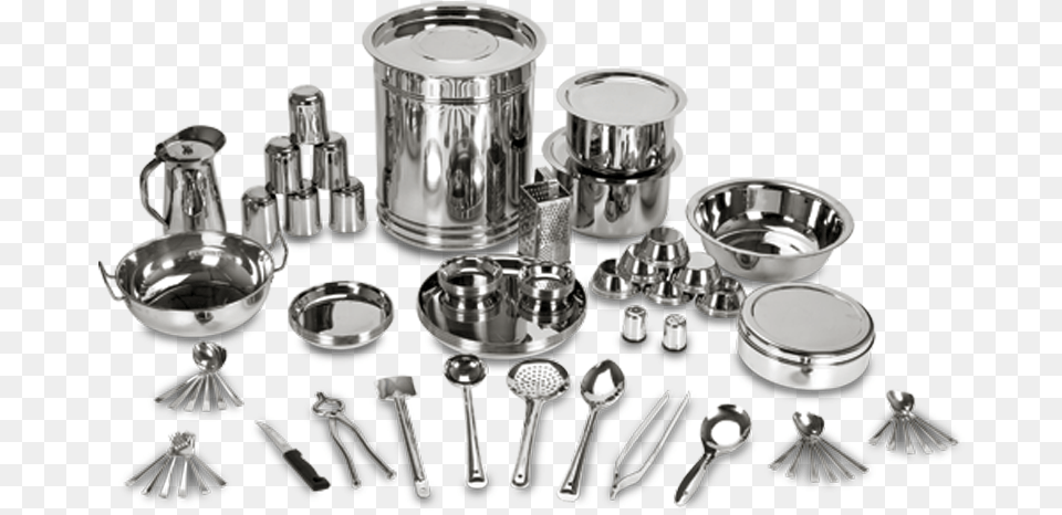 Pcs Kitchen Set With Bucket Or Drum For Six Persons Portafilter, Cutlery, Silver, Spoon, Cup Png Image