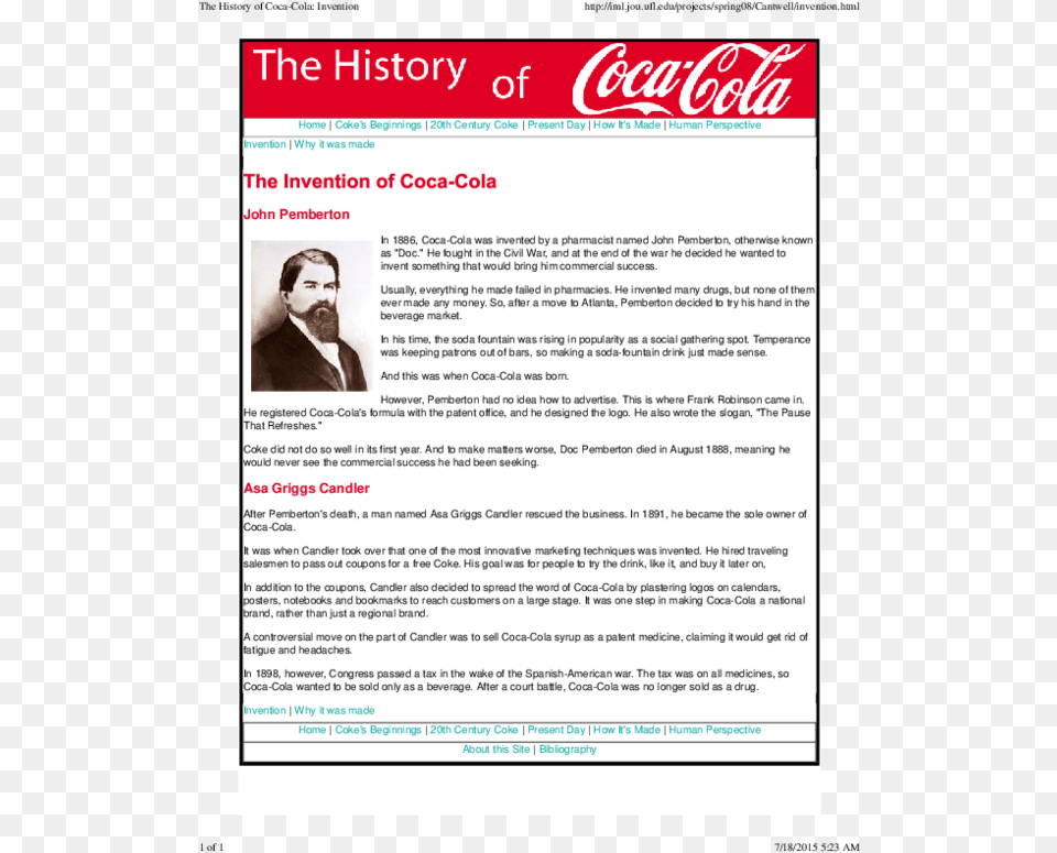 Pdf The History Of Coca Cola Invention Bun Thong Coca Cola, Adult, Advertisement, Male, Man Free Png Download