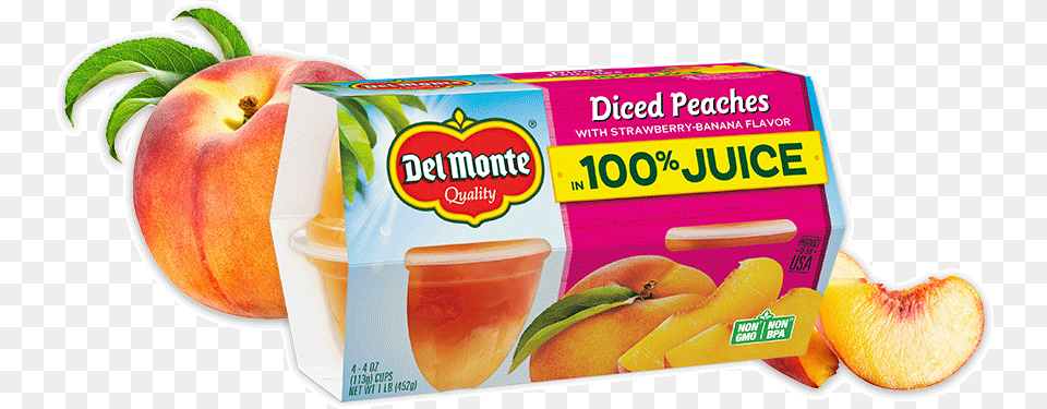 Peaches With Strawberry Banana Flavor Fruit Cup Snacks Del Monte 100 Calories Sliced Peaches, Food, Peach, Plant, Produce Free Png