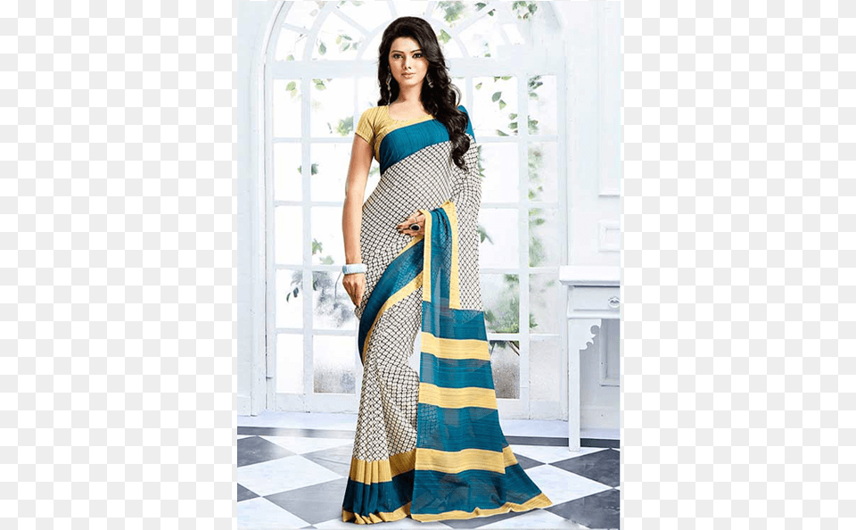 Peacock Blue Rangoli Designed Georgette Saree With Photo Shoot, Adult, Female, Person, Silk Free Png