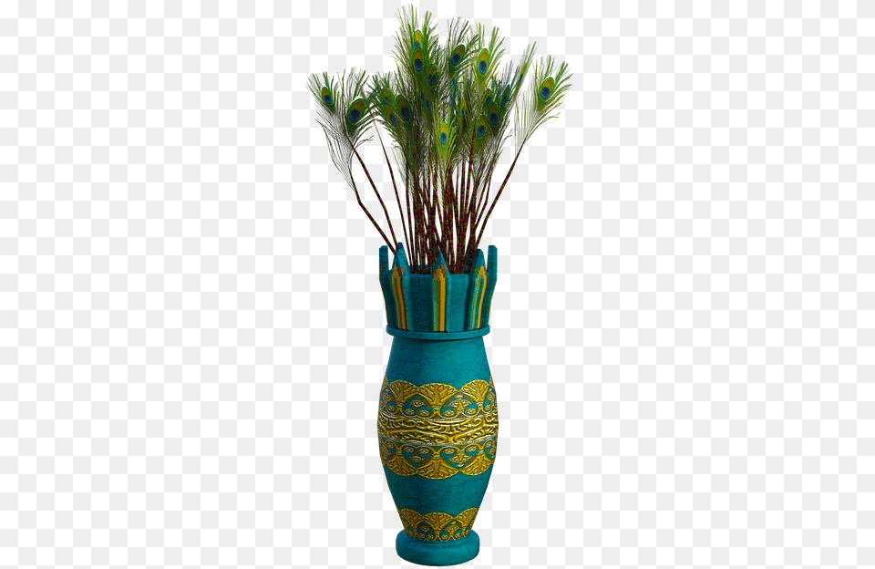 Peacock Feathers Vase Blue Yellow Colorful Peacock Feathers In Vase, Jar, Pottery, Plant, Potted Plant Png