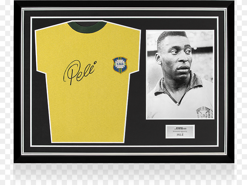 Pele Front Signed Retro Brazil Shirt In Hero Frame Fc Barcelona, Adult, T-shirt, Person, Man Free Png