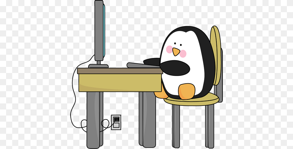 Penguin Using A Computer Educational Topics Computer Lab Ideas, Desk, Furniture, Table, Winter Free Png