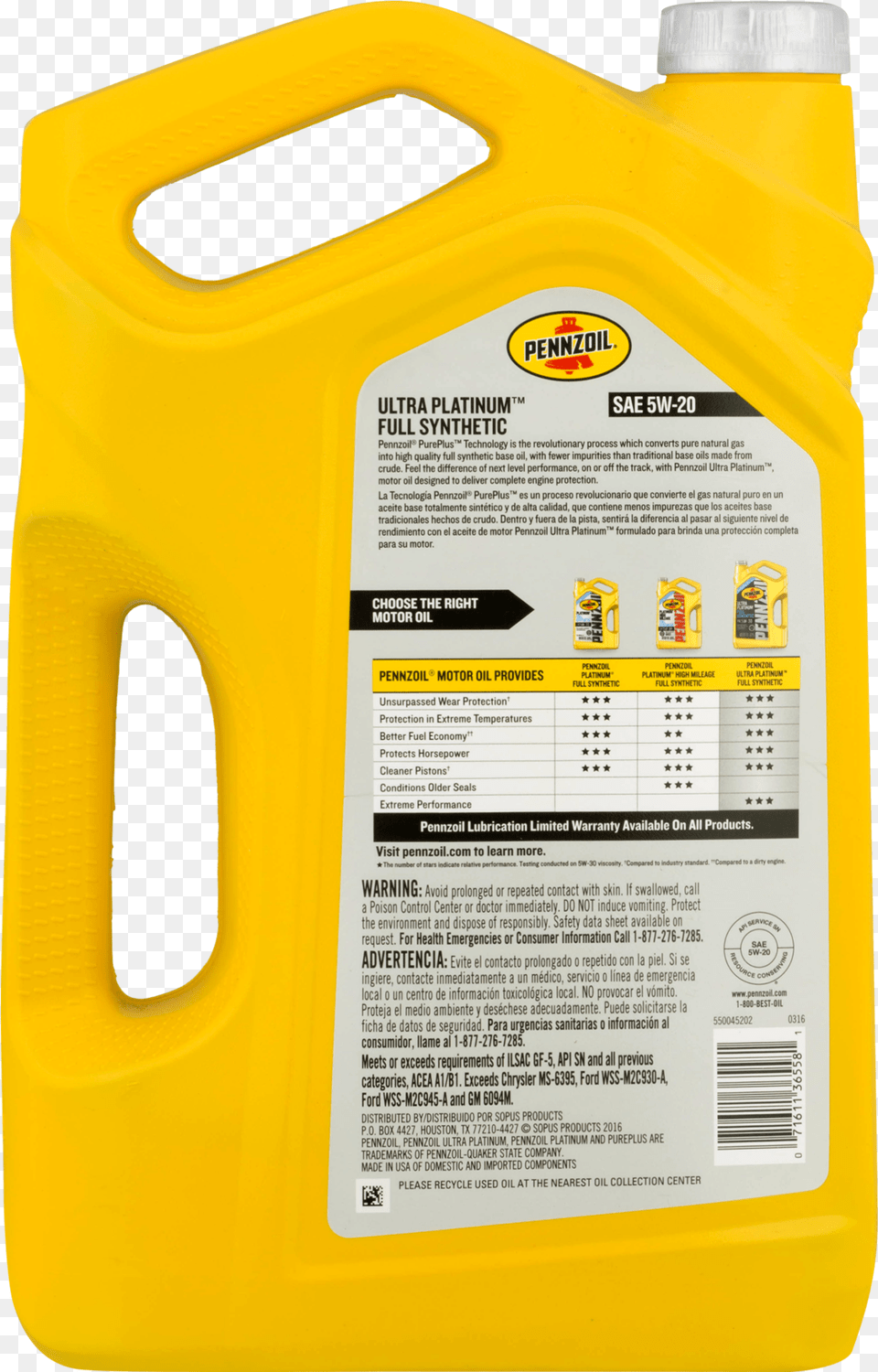 Pennzoil Ultra Platinum 5w 20 Sn Full Synthetic Motor Pennzoil Platinum, Jug Free Png Download