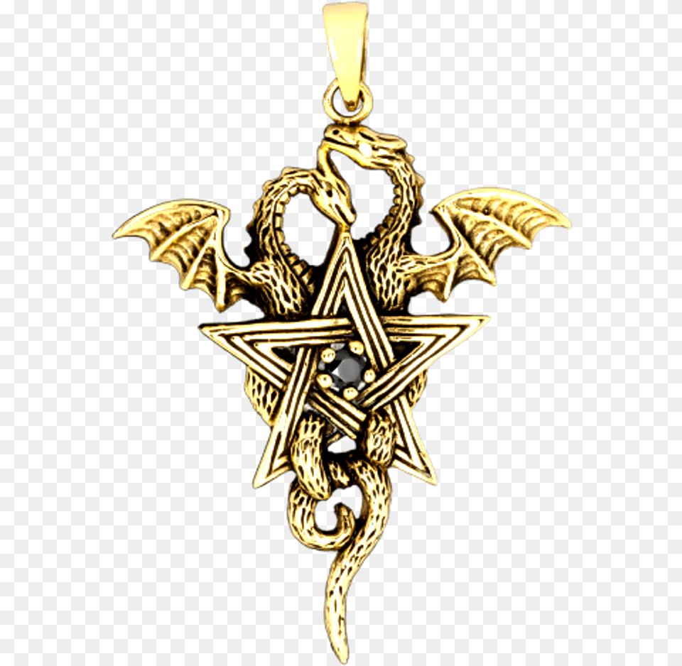 Pentagram With Dragons Bronze Pendant, Accessories, Gold, Jewelry, Necklace Png