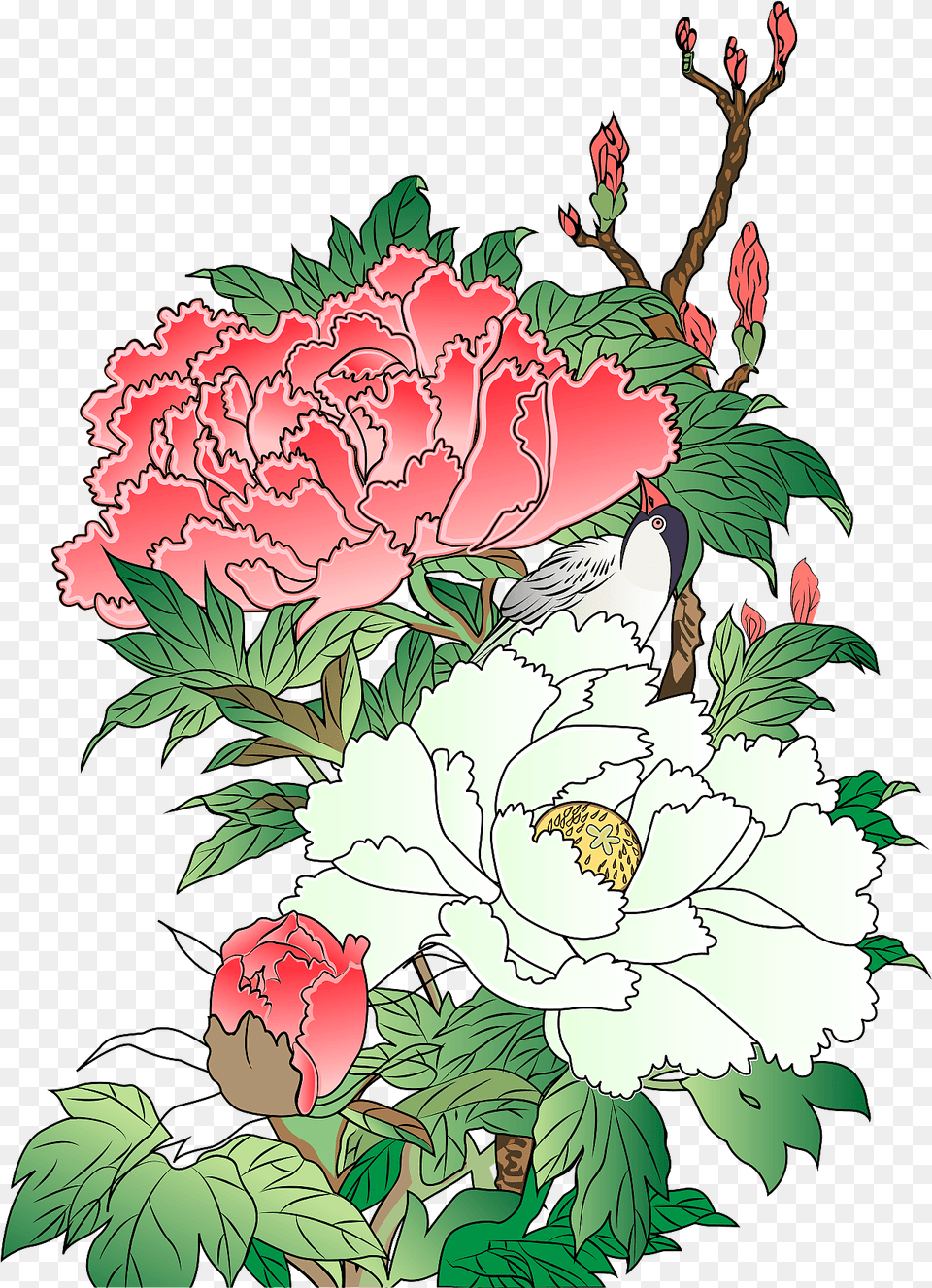 Peony Flower Clipart Estampe Japonaise Oiseau, Plant, Pattern, Carnation, Rose Free Png