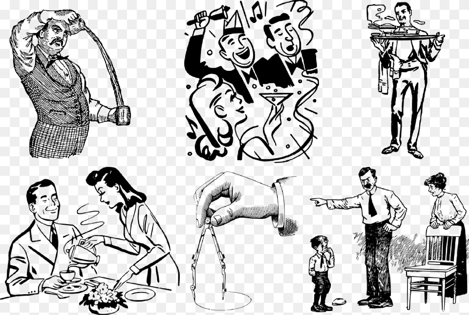 People Lineart Retro Graphics Sketch Antique Wife Serving Husband Cartoon, Gray Free Transparent Png