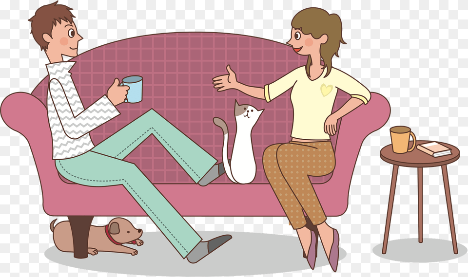 People Sitting On A Sofa Talking Clipart, Person, Cup, Furniture, Baby Free Png Download