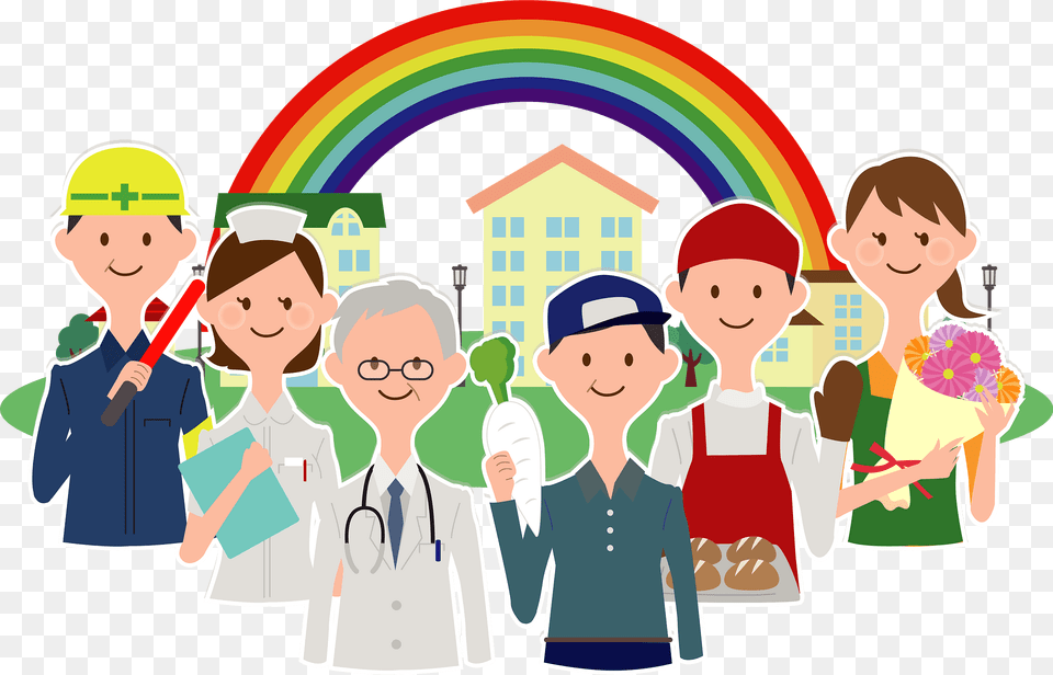 People With Different Professions Standing In Front Of A Rainbow Clipart, Person, Baby, Head, Face Png