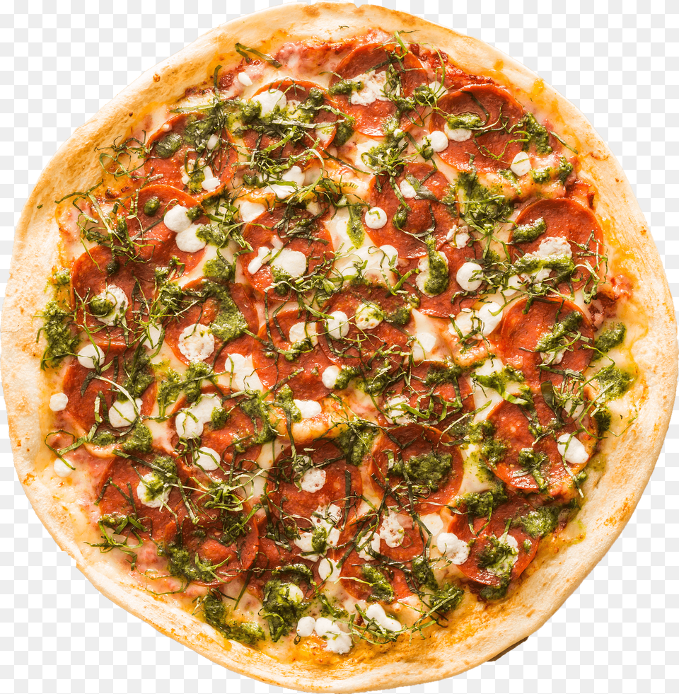 Pepperoni Fresh Mozzarella Pesto Basil Amp Red Tomato Picca, Food, Pizza, Food Presentation Free Transparent Png