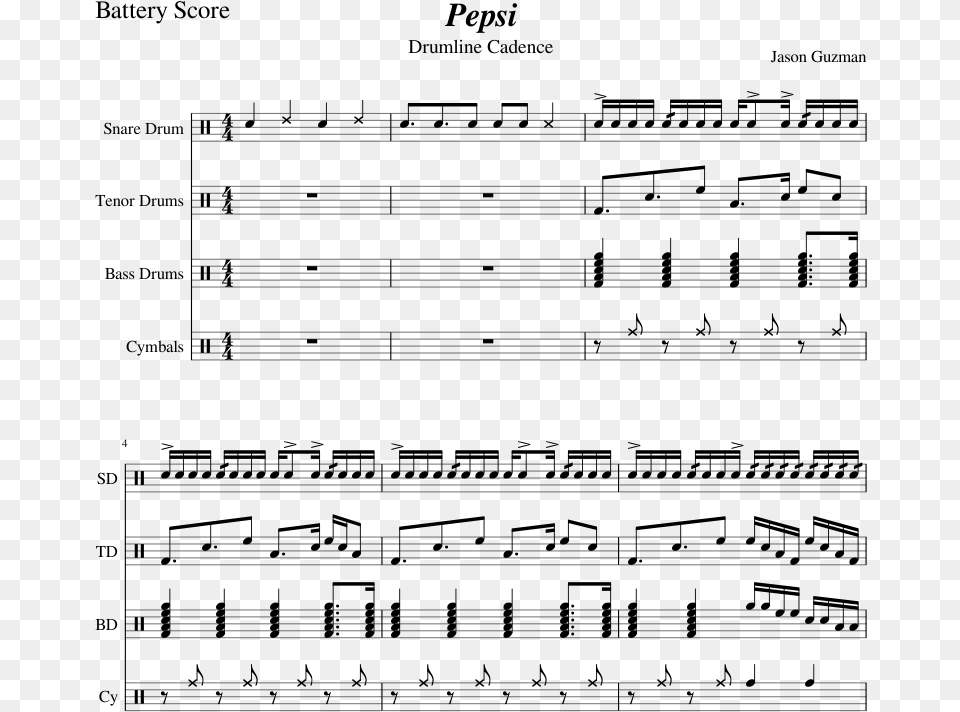 Pepsi Sheet Music Composed By Jason Guzman 1 Of 4 Pages Drum Cadence, Gray Free Png Download