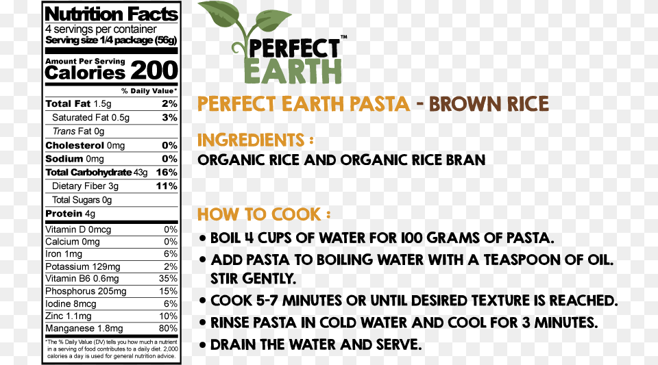 Perfect Earth Rice Pasta Nutrition Facts, Text Png Image