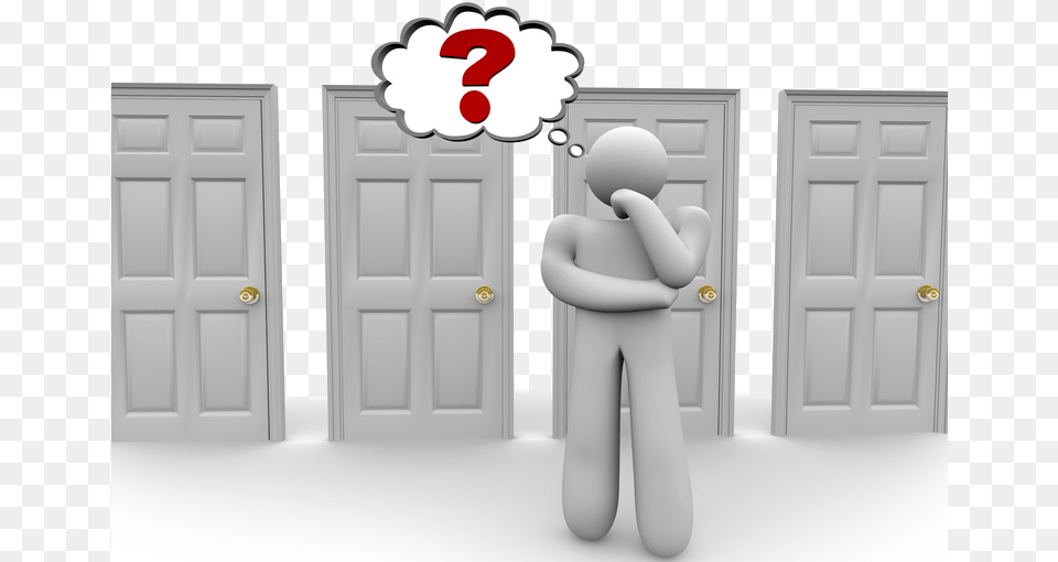 Person Figure Trying To Decide Which Door To Open Deciding How To Enter The Market, Baby, Text Png Image