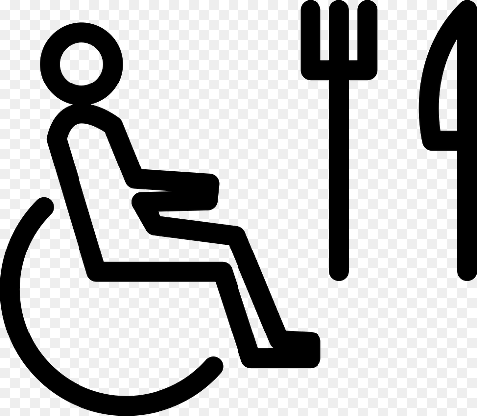 Person On Wheel Chair Outline With Fork And Knife Icon, Cutlery, Symbol, Text, Smoke Pipe Png