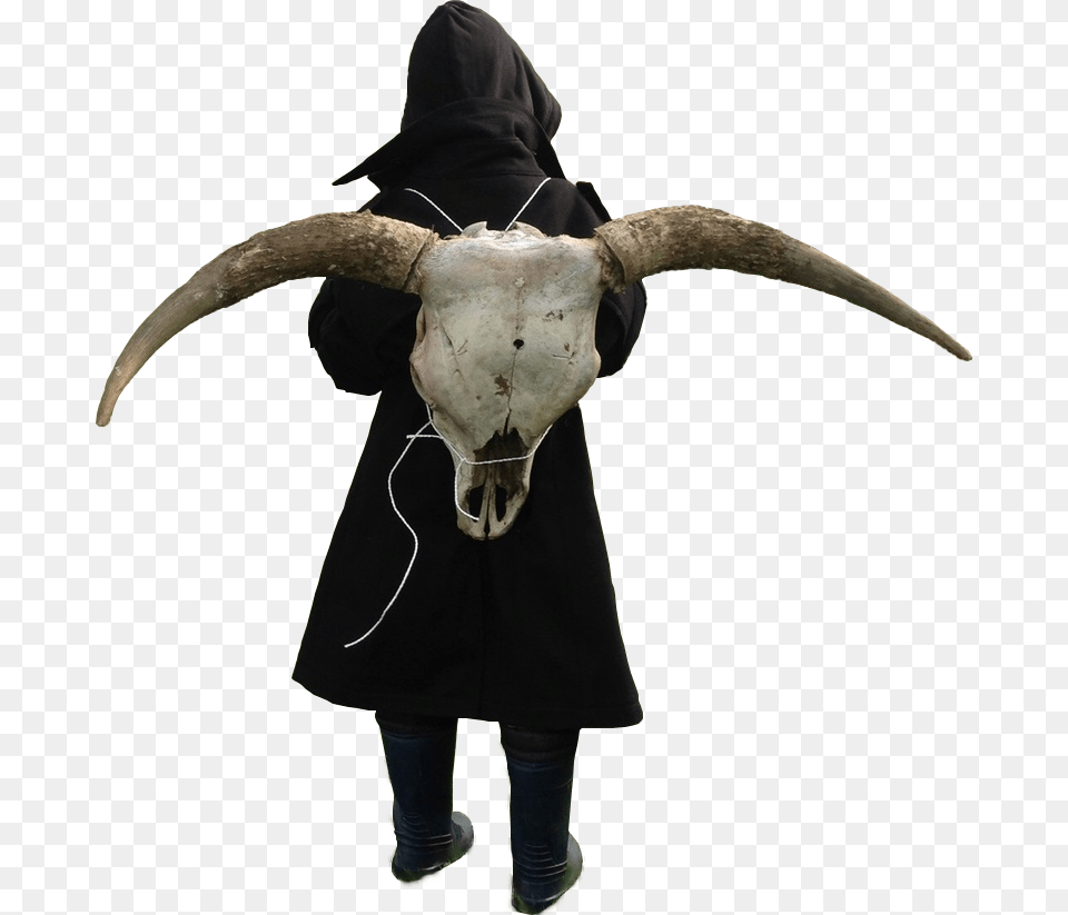 Personthis Kid Is Wearing A Skull On His Back Horn, Plant, Clothing, Coat, Grass Free Transparent Png