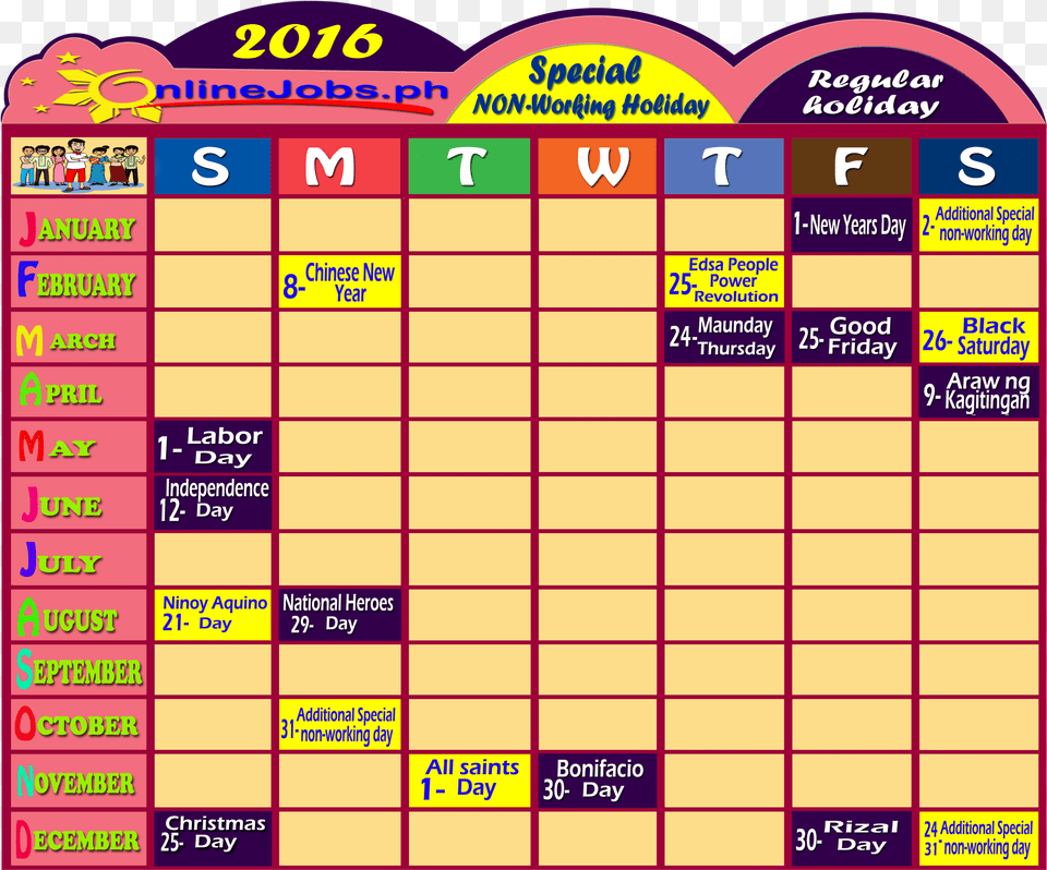 Philippine Holidays 2016 Calendar, Text, Scoreboard, Person Png Image