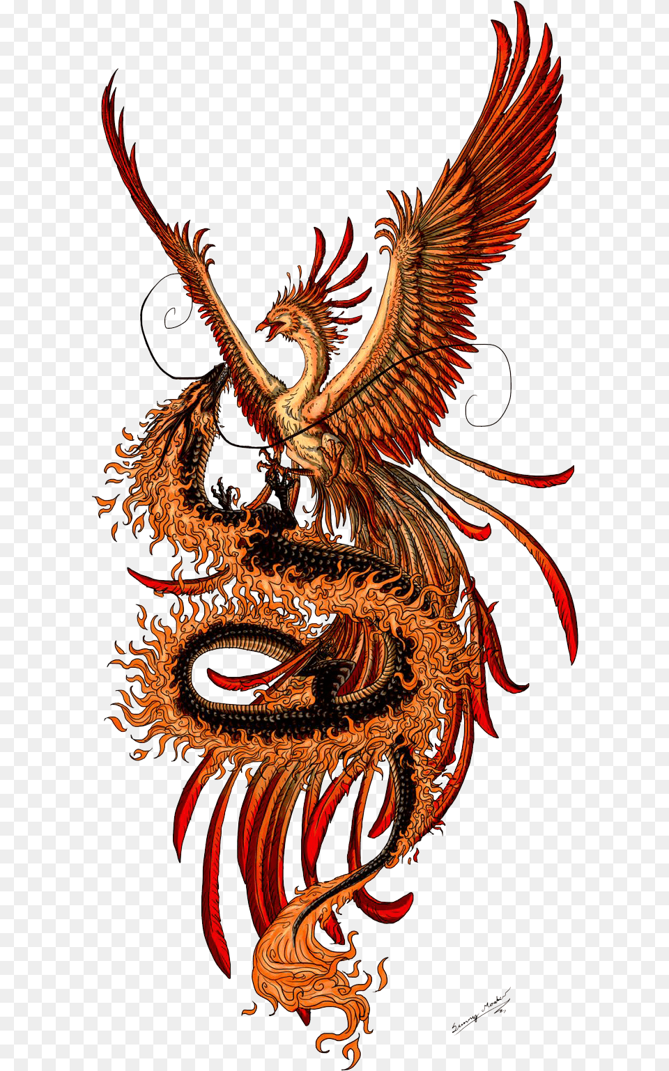 Phoenix Tattoos Phoenix And Dragon, Animal, Dinosaur, Reptile, Pattern Free Png Download