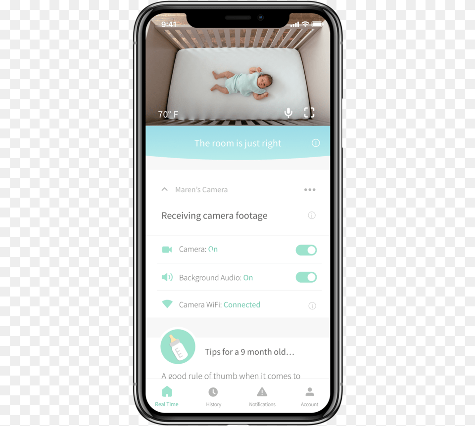 Phone Overlay Owlet Smart Sock And Camera, Crib, Furniture, Infant Bed, Person Png