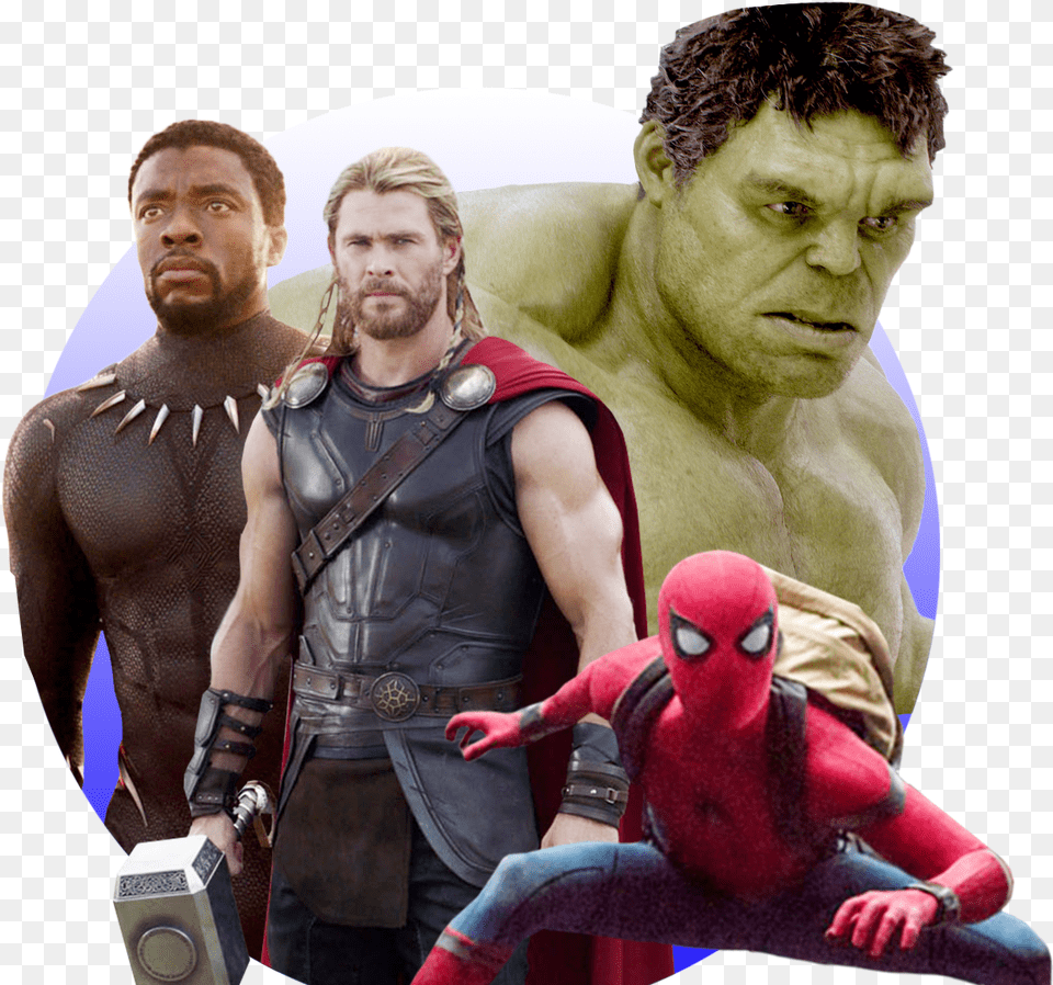 Photo Illustration Of Black Panther Thor The Hulk And 3 Characters That Stan Lee Made, Person, Clothing, Costume, Man Free Png